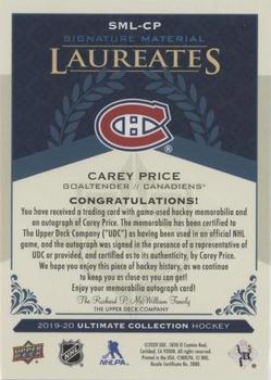 2019-20 Upper Deck Ultimate Collection - Signature Material Laureates #SML-CP Carey Price Back