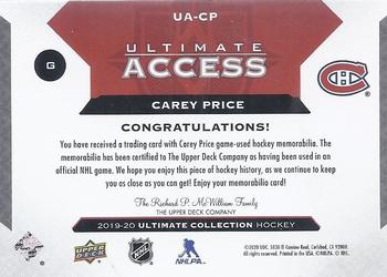 2019-20 Upper Deck Ultimate Collection - Ultimate Access Jersey #UA-CP Carey Price Back