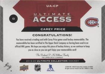 2019-20 Upper Deck Ultimate Collection - Ultimate Access Gold Patch #UA-CP Carey Price Back