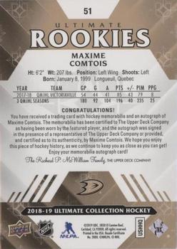 2019-20 Upper Deck Ultimate Collection - 2018-19 Upper Deck Ultimate Collection Update I #51 Maxime Comtois Back