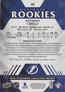2019-20 Upper Deck Ultimate Collection - 2018-19 Upper Deck Ultimate Collection Update I #58 Anthony Cirelli Back