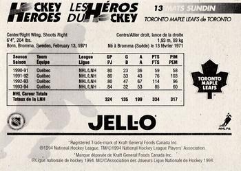 1994-95 Kraft - Jell-O Hockey Heroes #NNO Mats Sundin Back