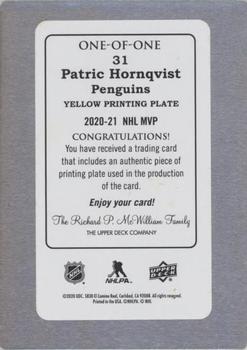 2020-21 Upper Deck MVP - Printing Plates Yellow #31 Patric Hornqvist Back