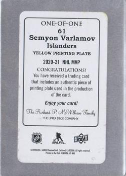 2020-21 Upper Deck MVP - Printing Plates Yellow #61 Semyon Varlamov Back