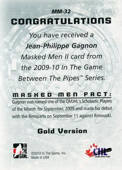2015-16 In The Game Final Vault - 2009-10 In The Game Between The Pipes Masked Men II Gold (Silver Vault Stamp) #MM-32 Jean-Philipp Gagnon Back