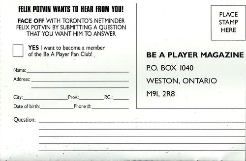 1994-95 Be a Player Magazine Postcards #NNO Felix Potvin Back