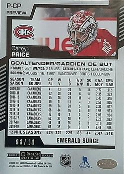 2020-21 O-Pee-Chee - O-Pee-Chee Platinum Preview Emerald Surge #P-CP Carey Price Back
