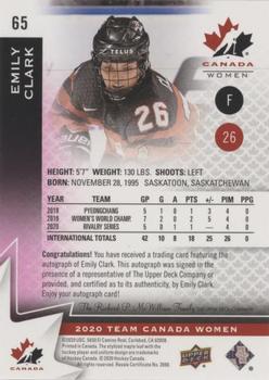 2020-21 Upper Deck Team Canada Juniors - Autographs Purple #65 Emily Clark Back