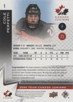 2020-21 Upper Deck Team Canada Juniors - Jerseys #1 Cole Perfetti Back