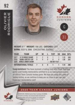 2020-21 Upper Deck Team Canada Juniors - Jerseys #92 Olivier Rodrigue Back