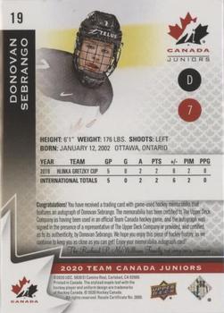 2020-21 Upper Deck Team Canada Juniors - Auto Patch #19 Donovan Sebrango Back