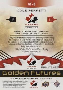 2020-21 Upper Deck Team Canada Juniors - Golden Futures Autographs #GF-8 Cole Perfetti Back