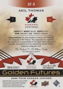 2020-21 Upper Deck Team Canada Juniors - Golden Futures Autographs #GF-9 Akil Thomas Back