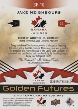 2020-21 Upper Deck Team Canada Juniors - Golden Futures Autographs #GF-10 Jake Neighbours Back
