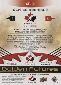 2020-21 Upper Deck Team Canada Juniors - Golden Futures Autographs #GF-12 Olivier Rodrigue Back