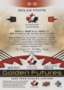 2020-21 Upper Deck Team Canada Juniors - Golden Futures Autographs #GF-20 Nolan Foote Back