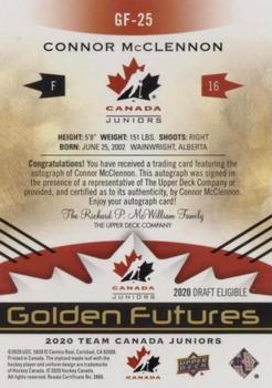 2020-21 Upper Deck Team Canada Juniors - Golden Futures Autographs #GF-25 Connor McClennon Back