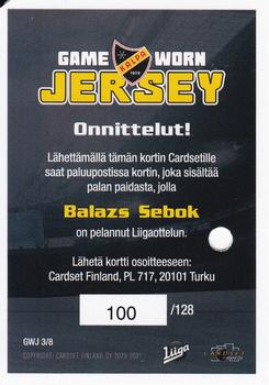 2020-21 Cardset Finland - Game Worn Jersey Redemption #GWJ3 Balazs Sebok Back
