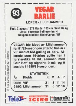 1992-93 Semic Eliteserien (Norwegian) #93 Vegar Barlie Back