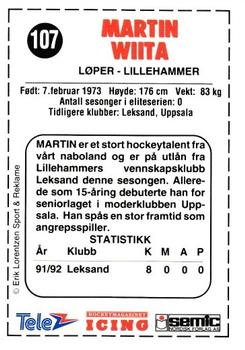 1992-93 Semic Eliteserien (Norwegian) #107 Martin Wiita Back