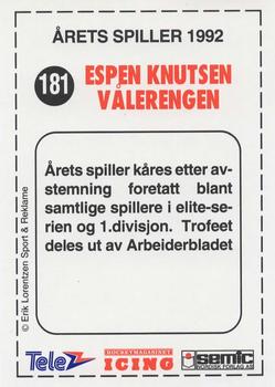 1992-93 Semic Eliteserien (Norwegian) #181 Espen Knutsen Back