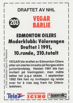 1992-93 Semic Eliteserien (Norwegian) #203 Vegar Barlie Back