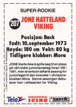 1992-93 Semic Eliteserien (Norwegian) #207 Jone Hatteland Back