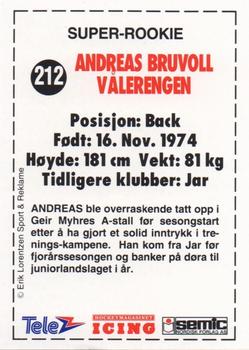 1992-93 Semic Eliteserien (Norwegian) #212 Andreas Brunvoll Back