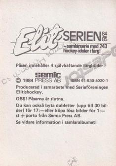 1984-85 Semic Elitserien (Swedish) #5 Björn Hellman Back