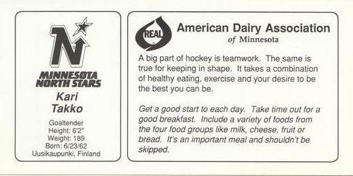 1989-90 American Dairy Association Minnesota North Stars Postcards #NNO Kari Takko Back