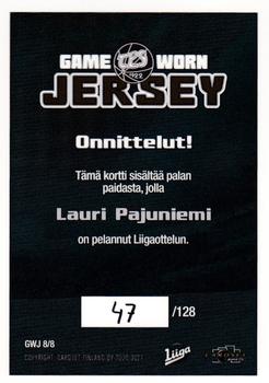 2020-21 Cardset Finland - Game Worn Jersey Exchange #GWJ8 Lauri Pajuniemi Back