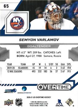 2020-21 Upper Deck Overtime #65 Semyon Varlamov Back