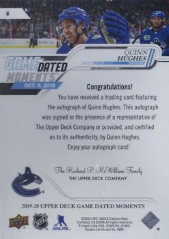 2019-20 Upper Deck Game Dated Moments - Autographs #6 Quinn Hughes Back