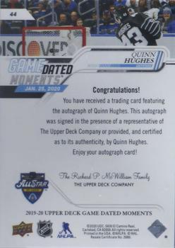 2019-20 Upper Deck Game Dated Moments - Autographs #44 Quinn Hughes Back