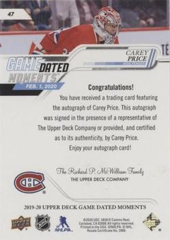 2019-20 Upper Deck Game Dated Moments - Autographs #47 Carey Price Back
