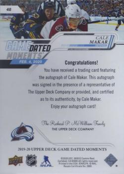 2019-20 Upper Deck Game Dated Moments - Autographs #48 Cale Makar Back