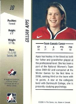 2006-07 In The Game Going For Gold Canadian Women's National Team #10 Gillian Apps Back