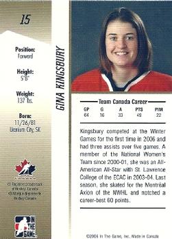 2006-07 In The Game Going For Gold Canadian Women's National Team #15 Gina Kingsbury Back