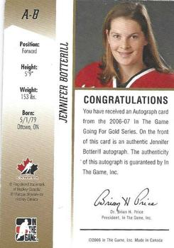 2006-07 In The Game Going For Gold Canadian Women's National Team - Autographs #A-B Jennifer Botterill Back