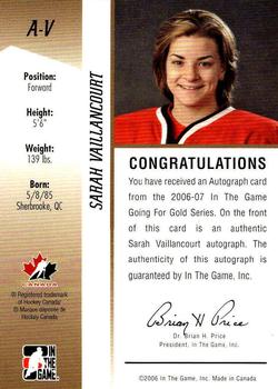 2006-07 In The Game Going For Gold Canadian Women's National Team - Autographs #A-V Sarah Vaillancourt Back