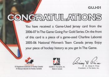 2006-07 In The Game Going For Gold Canadian Women's National Team - Game-Used Jerseys #GUJ-01 Charline Labonte Back