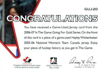 2006-07 In The Game Going For Gold Canadian Women's National Team - Game-Used Jerseys #GUJ-20 Hayley Wickenheiser Back