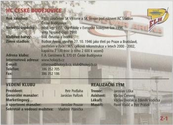 2002-03 OFS Plus (ELH) - Team Logos #Z1 Ceske Budejovice Back
