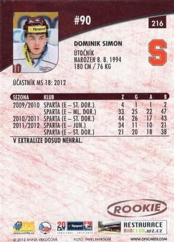 2012-13 Czech OFS Plus #216 Dominik Simon Back