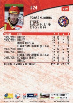 2012-13 Czech OFS Plus #259 Tomas Klimenta Back