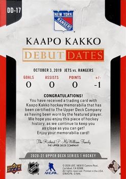 2020-21 Upper Deck - Debut Dates Jersey #DD-17 Kaapo Kakko Back