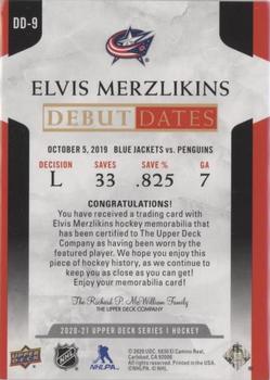 2020-21 Upper Deck - Debut Dates Patch #DD-9 Elvis Merzlikins Back