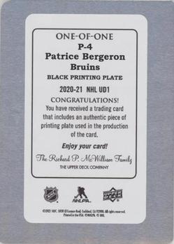 2020-21 Upper Deck - UD Portraits Printing Plates Black #P-4 Patrice Bergeron Back