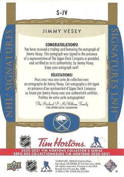 2020-21 Upper Deck Tim Hortons - NHL Signatures #S-JV Jimmy Vesey Back