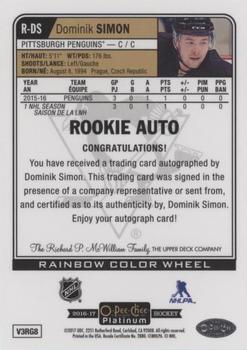 2016-17 O-Pee-Chee Platinum - Rookie Autographs Rainbow Color Wheel #R-DS Dominik Simon Back